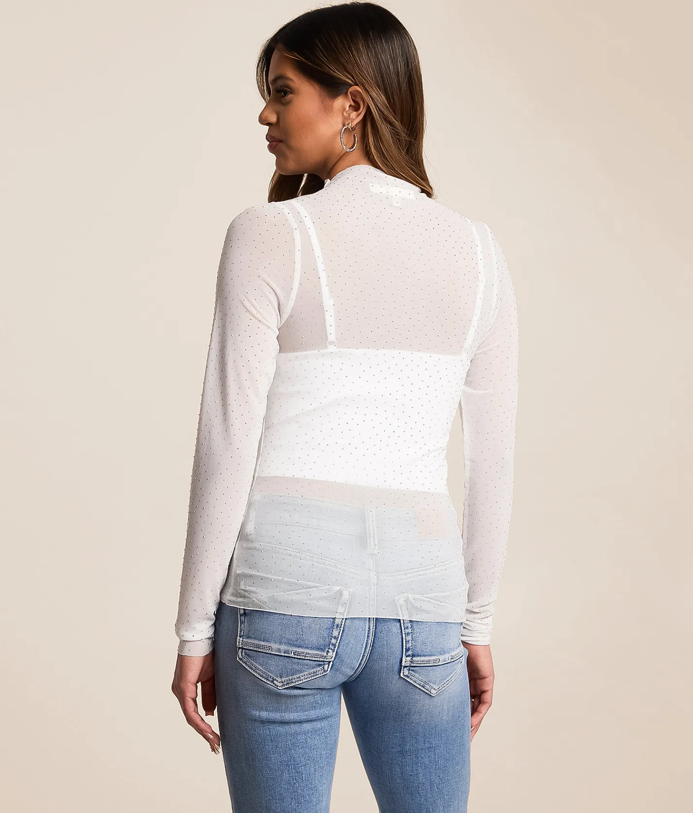 Willow & Root Rhinestone Mesh Top White New