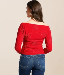 Daytrip Rhinestone Mesh Top Red Discount