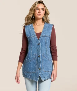 Veveret Rhinestone Oversized Denim Vest Dark Wash Hot