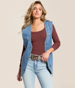 Veveret Rhinestone Oversized Denim Vest Dark Wash Hot