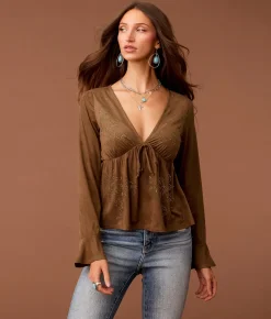 Sterling & Stitch Rhinestone Peplum Top Brown Clearance