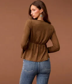 Sterling & Stitch Rhinestone Peplum Top Brown Clearance