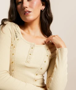 Tops | Miss Me Rhinestone Ribbed Henley Beige