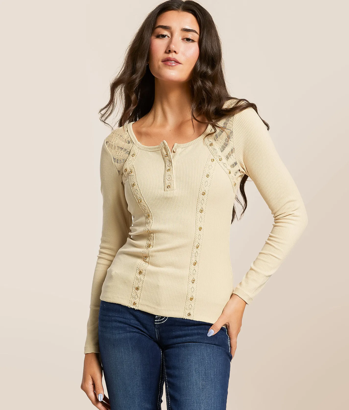 Tops | Miss Me Rhinestone Ribbed Henley Beige