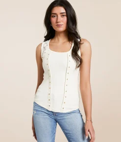 Miss Me Rhinestone Ribbed Tank Top Off White New