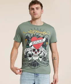 Graphic T-Shirts | Ed Hardy Rhinestone Skull T-Shirt Light Olive