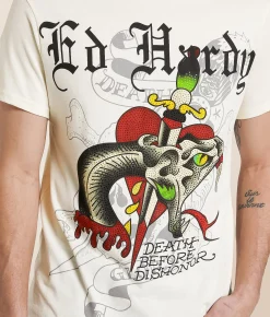Graphic T-Shirts | Ed Hardy Rhinestone Snake T-Shirt Ivory