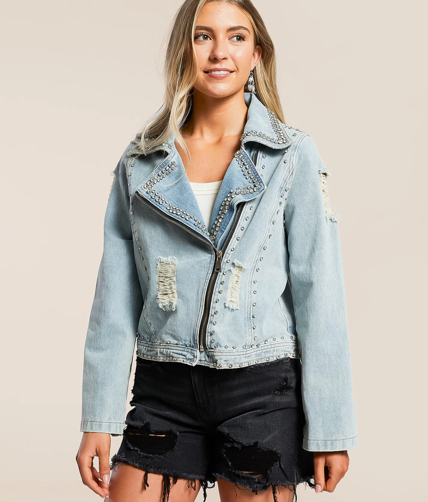 Davi & Dani Rhinestone Studded Denim Jacket Blue New