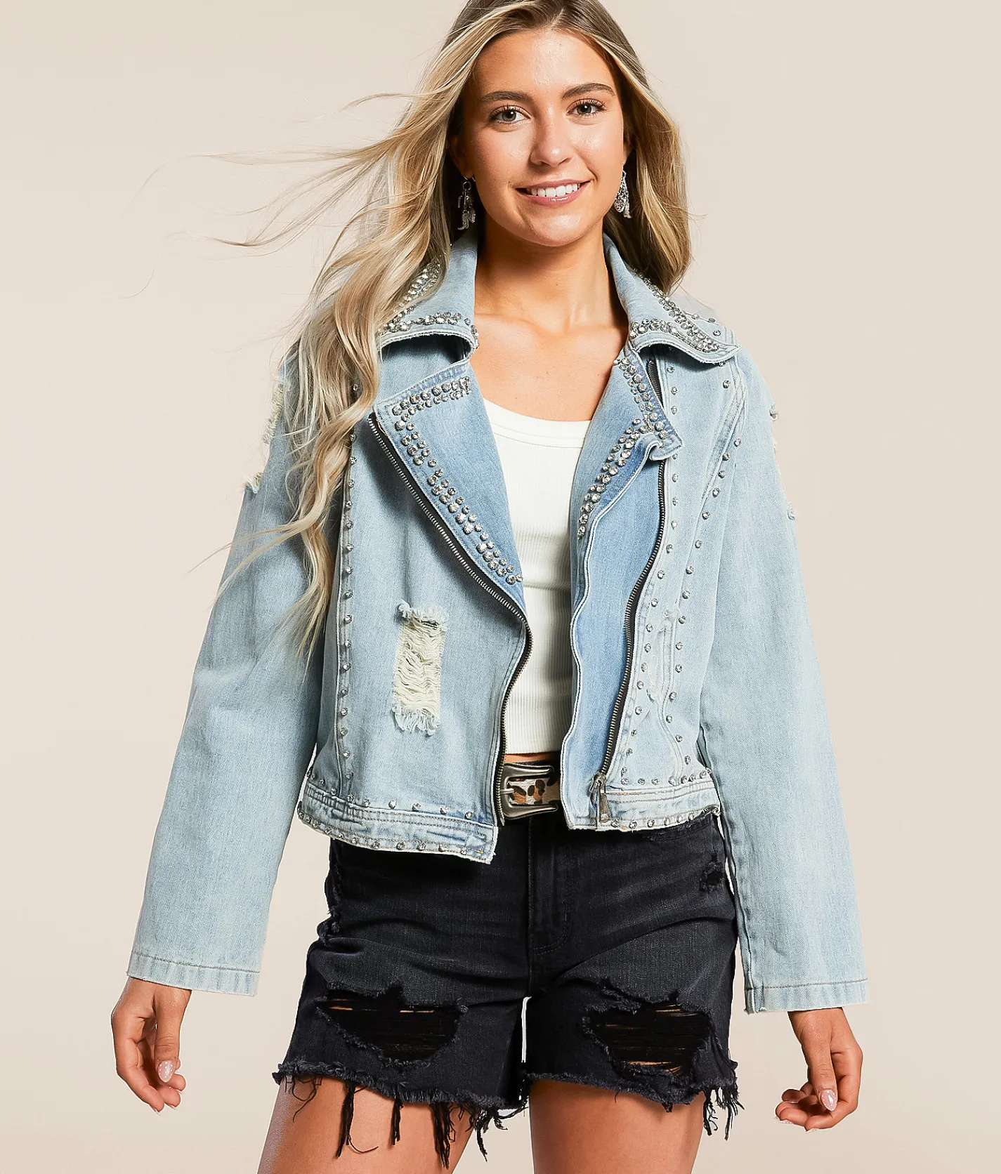 Davi & Dani Rhinestone Studded Denim Jacket Blue New