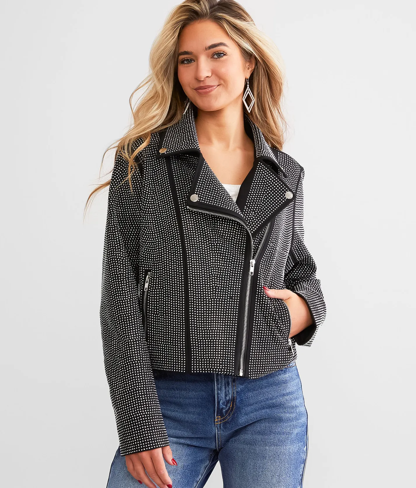 Blue B Rhinestone Studded Moto Jacket Black Sale