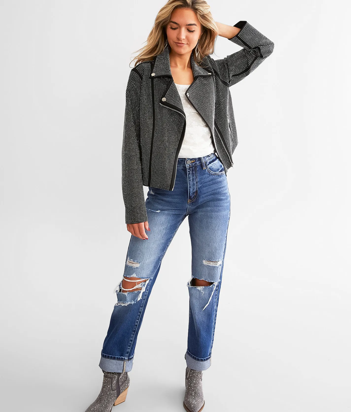 Blue B Rhinestone Studded Moto Jacket Black Sale