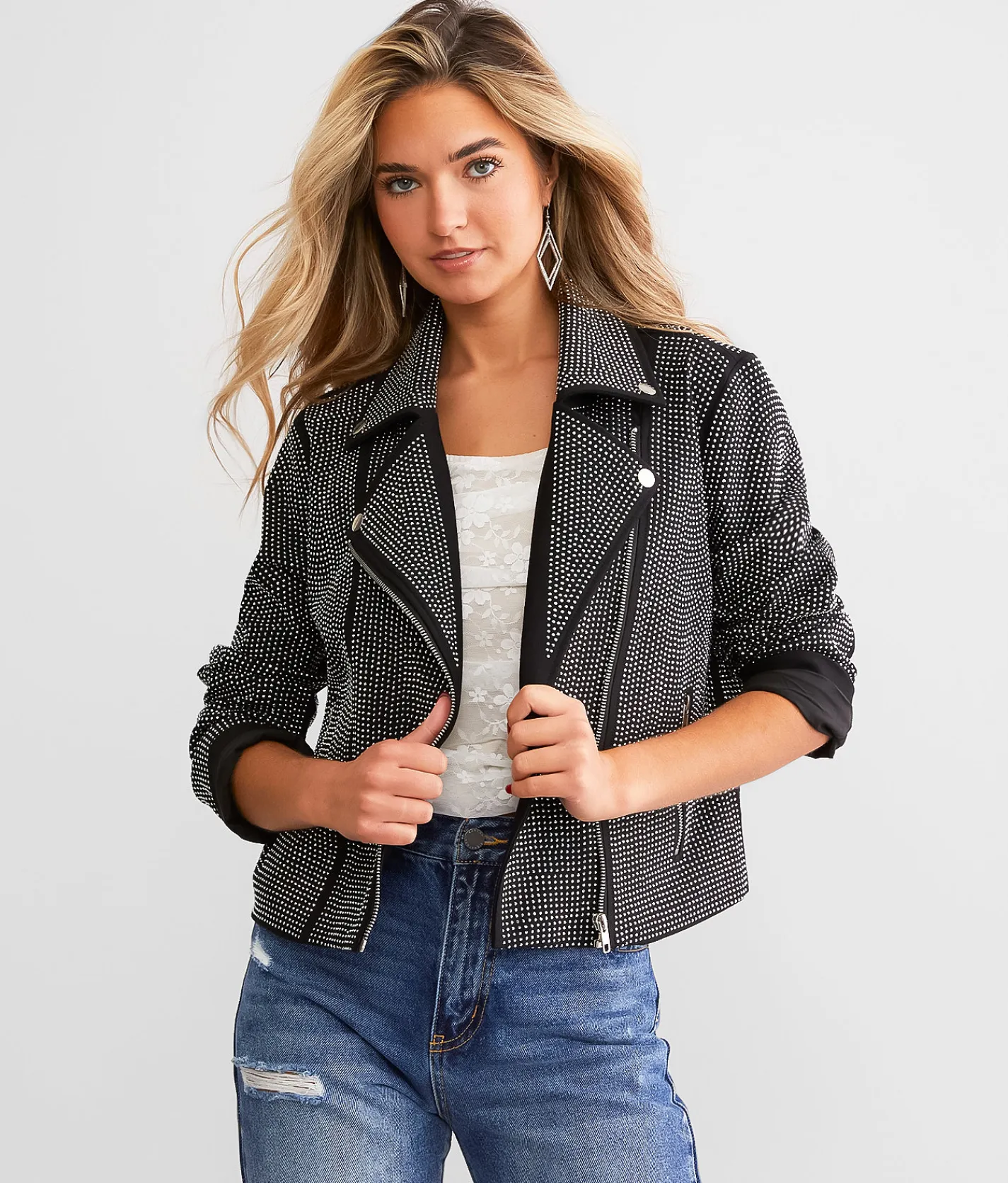 Blue B Rhinestone Studded Moto Jacket Black Sale