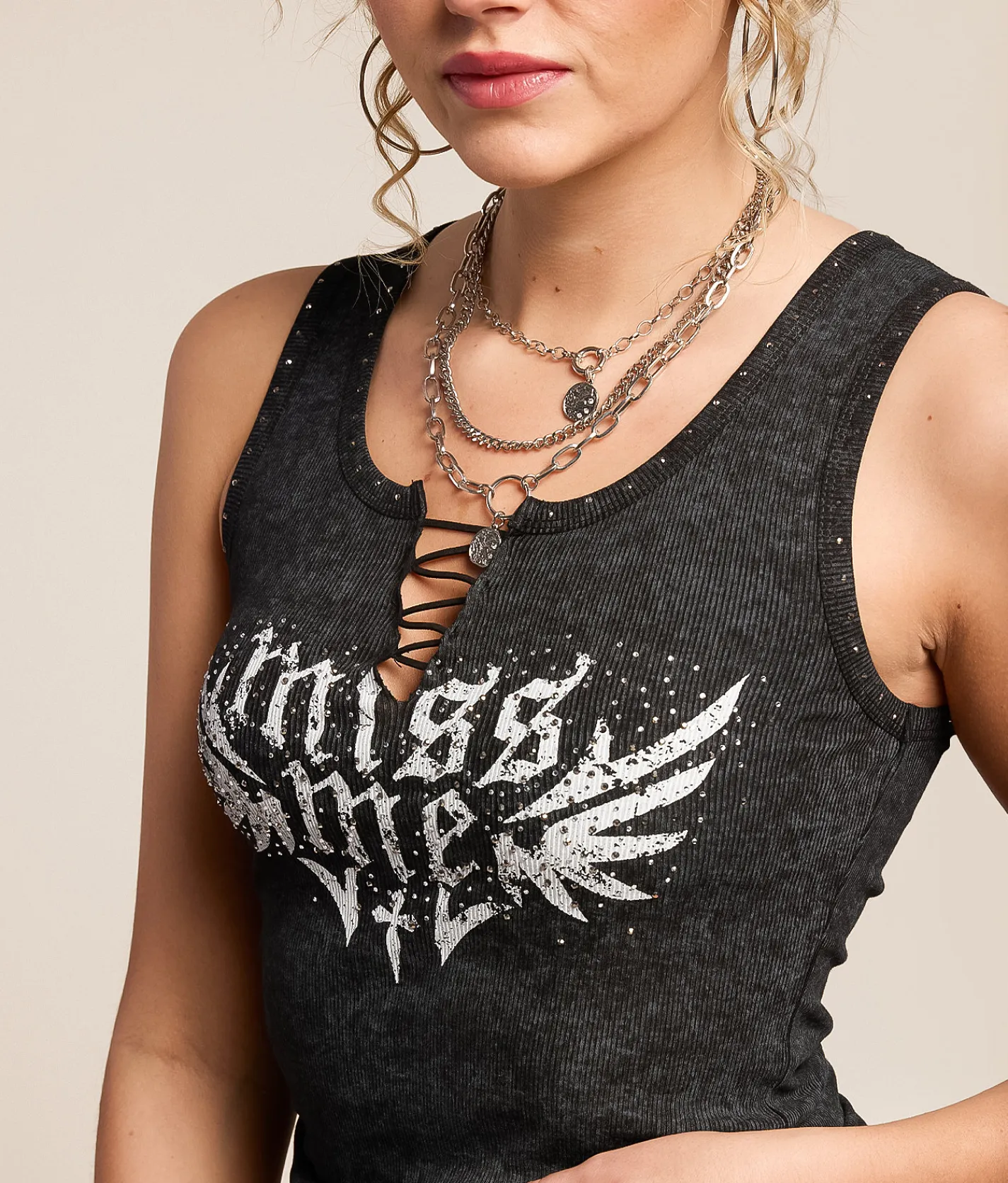 Miss Me Rhinestone Tank Top Charcoal Grey Sale