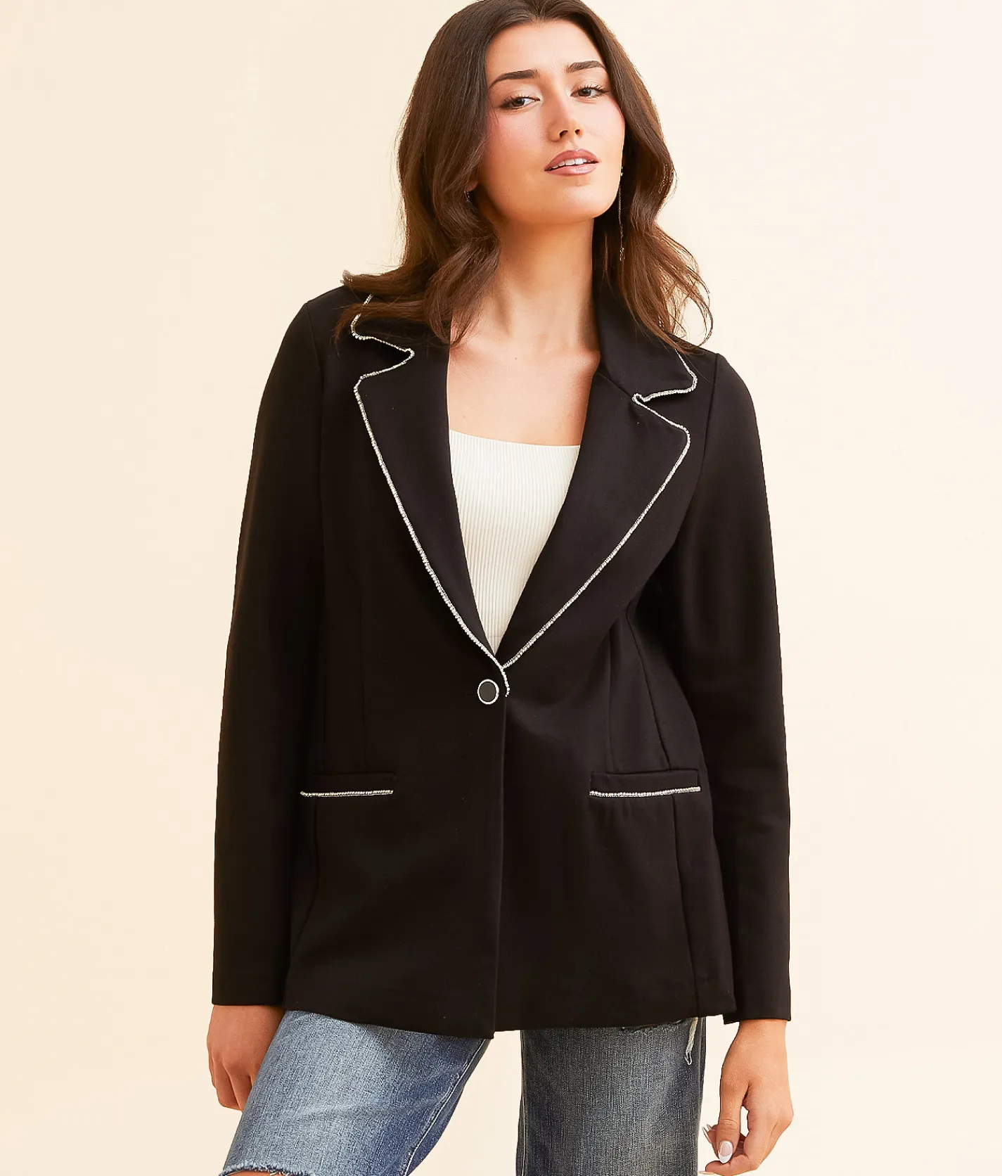 Tops|Coats & Jackets | Willow & Root Rhinestone Trim Ponte Blazer Black