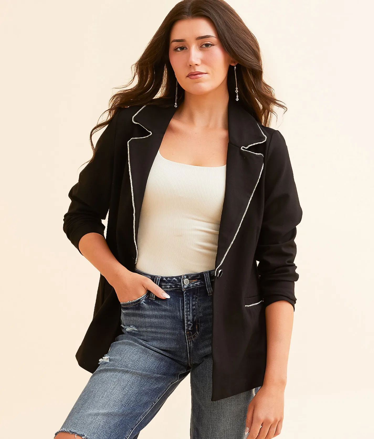 Tops|Coats & Jackets | Willow & Root Rhinestone Trim Ponte Blazer Black