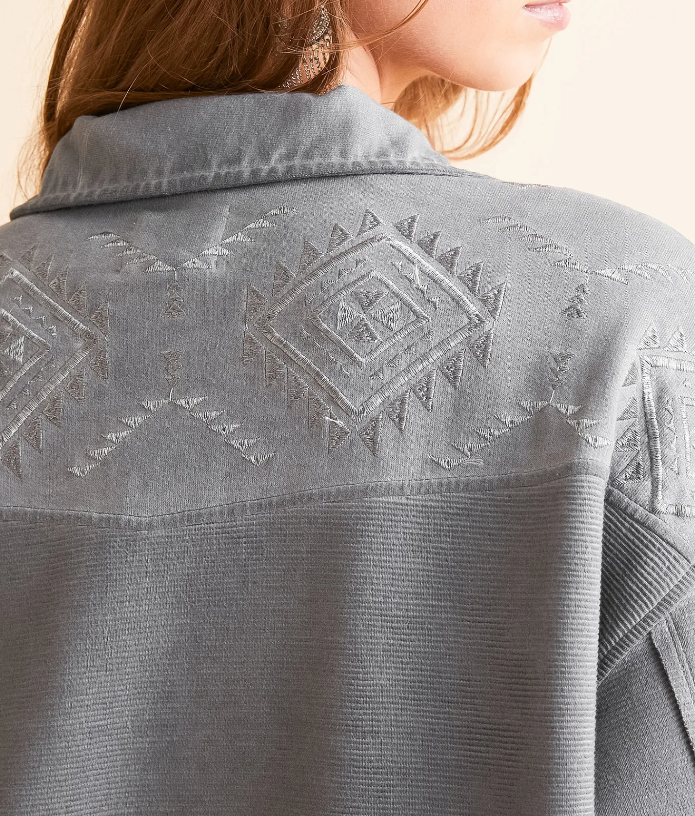 Tops|Coats & Jackets | BKE Ribbed Aztec Embroidered Shacket Charcoal