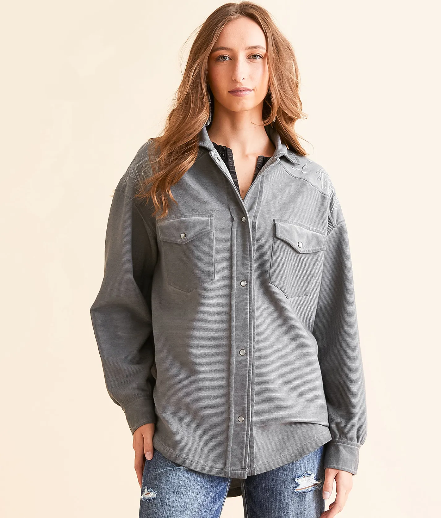 Tops|Coats & Jackets | BKE Ribbed Aztec Embroidered Shacket Charcoal