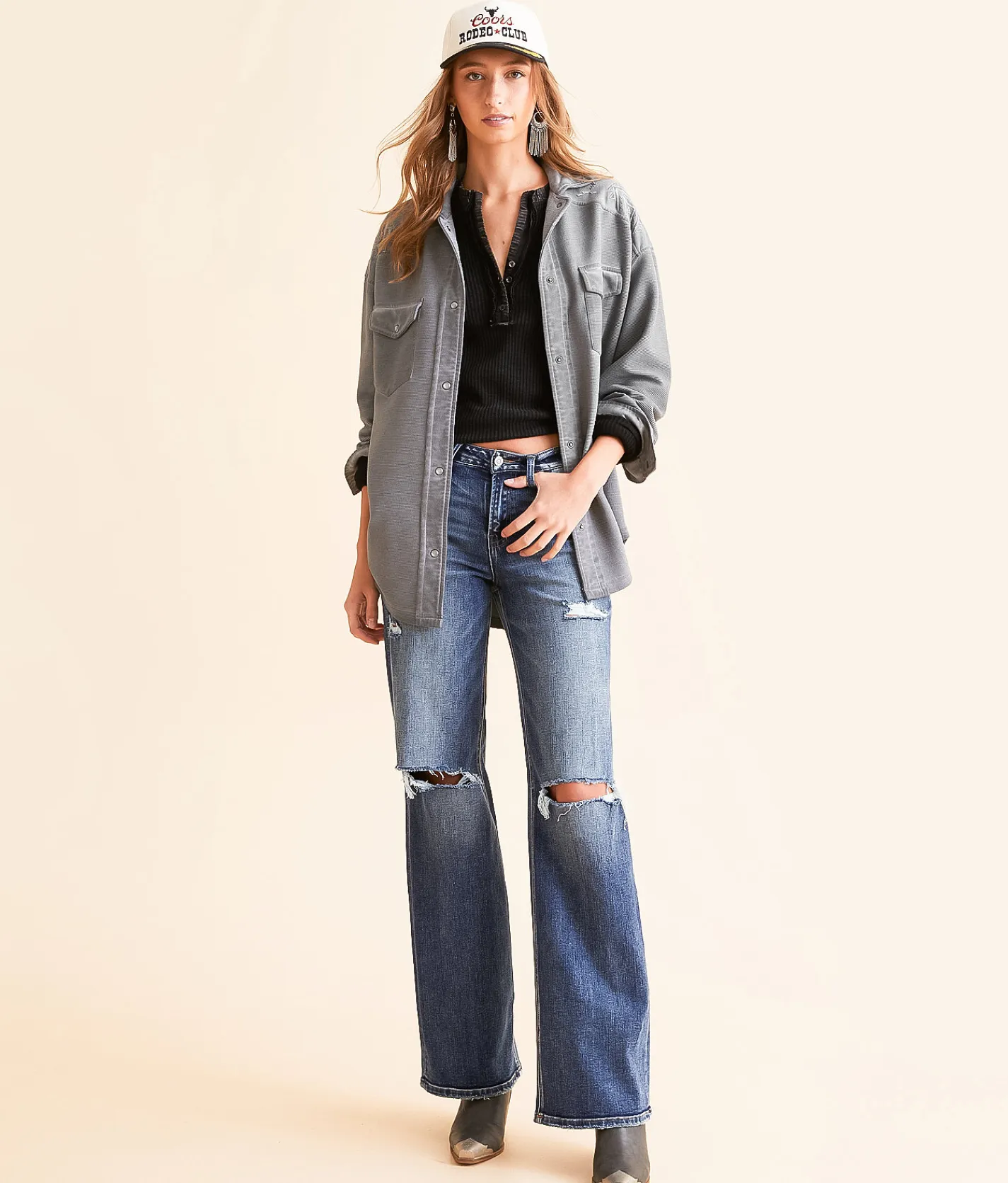 Tops|Coats & Jackets | BKE Ribbed Aztec Embroidered Shacket Charcoal