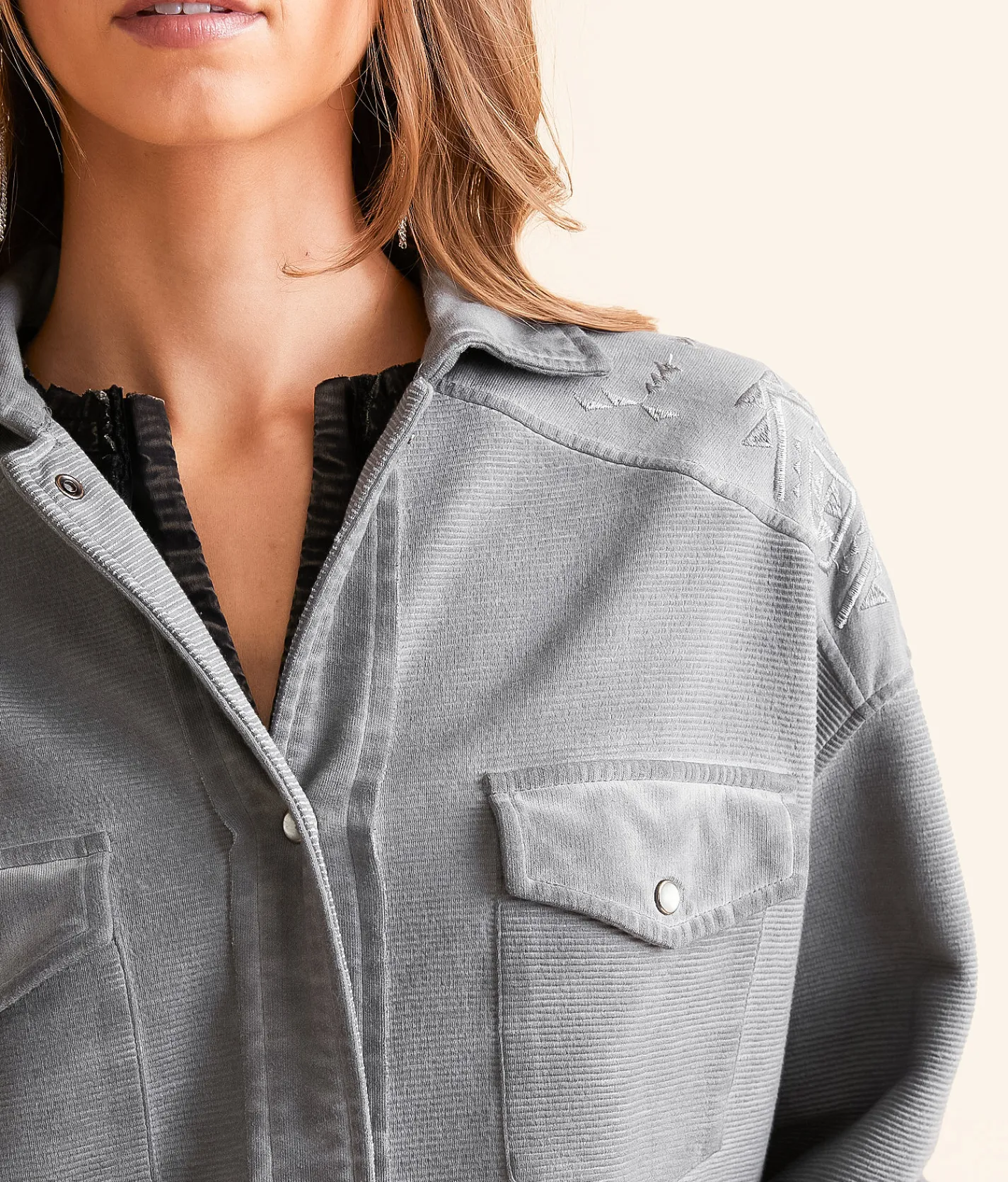 Tops|Coats & Jackets | BKE Ribbed Aztec Embroidered Shacket Charcoal