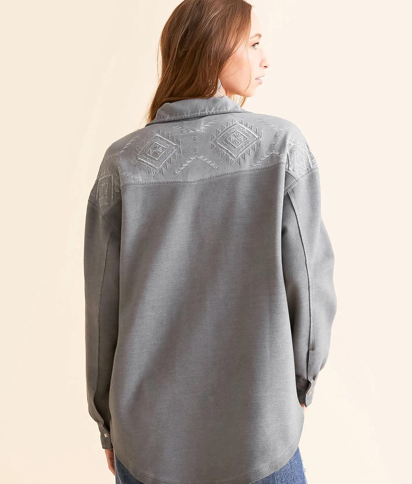 Tops|Coats & Jackets | BKE Ribbed Aztec Embroidered Shacket Charcoal