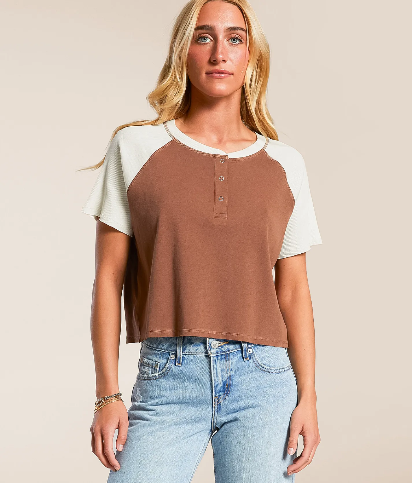 FITZ + EDDI Ribbed Color Block Henley Brown and Cream