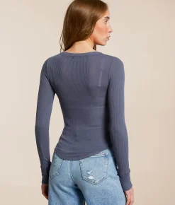 The Workshop Ribbed Henley Dusty Blue New