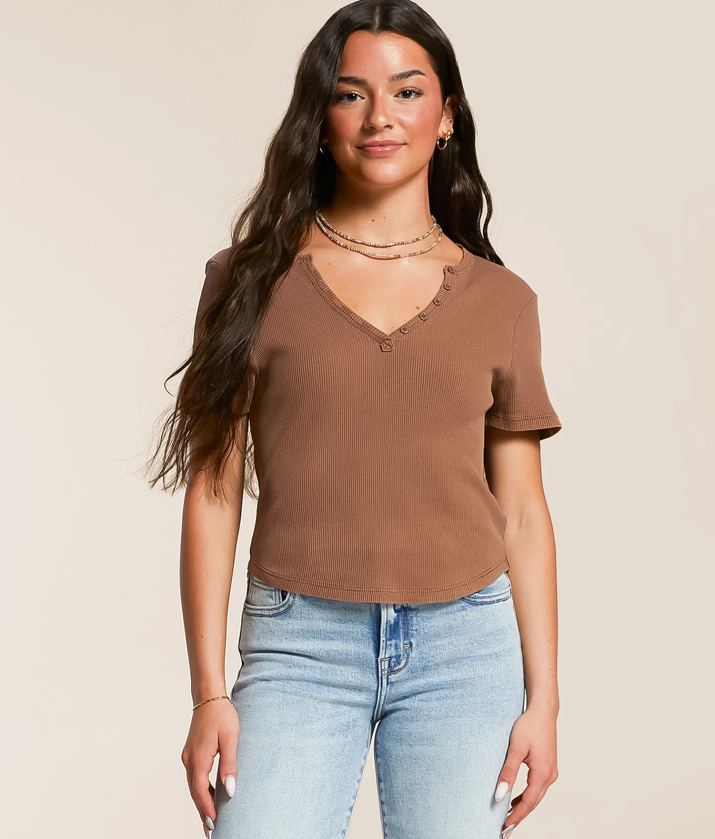 Tops | FITZ + EDDI Ribbed Henley Acorn
