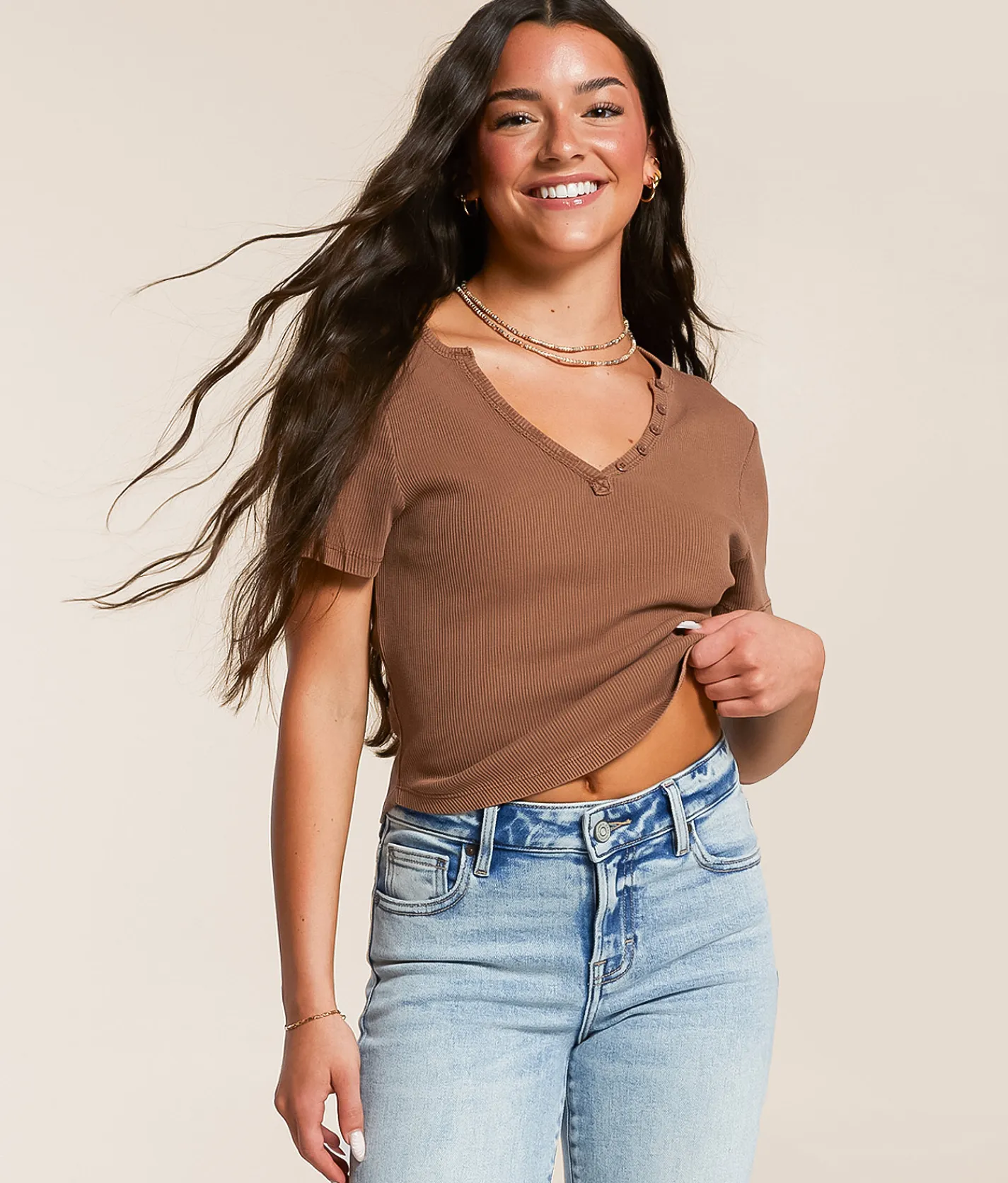 Tops | FITZ + EDDI Ribbed Henley Acorn