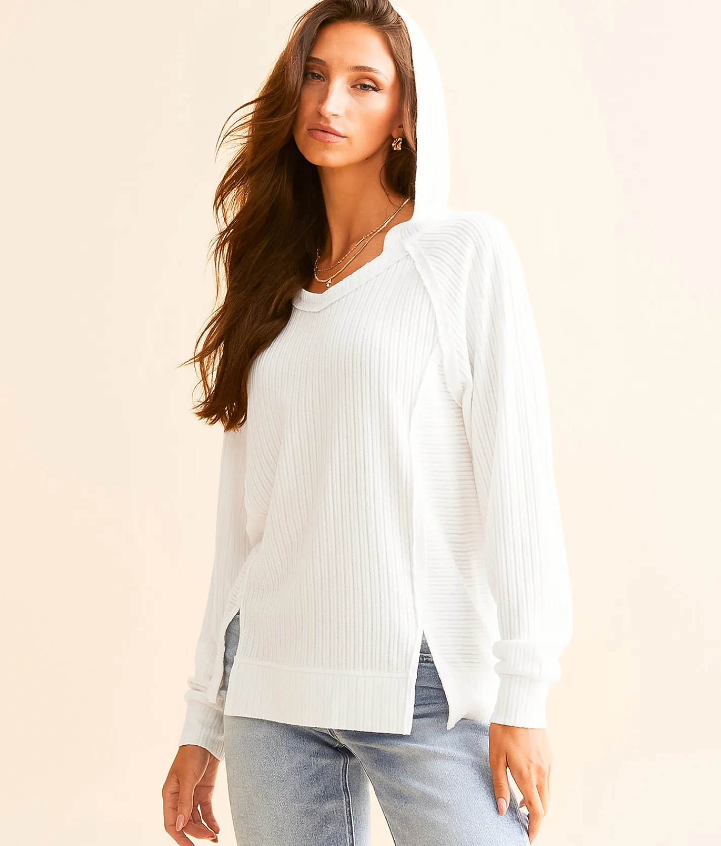 Tops | BKE Ribbed Hoodie White