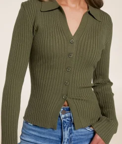 Tops | Blu Pepper Ribbed Knit Collared Shirt Olive