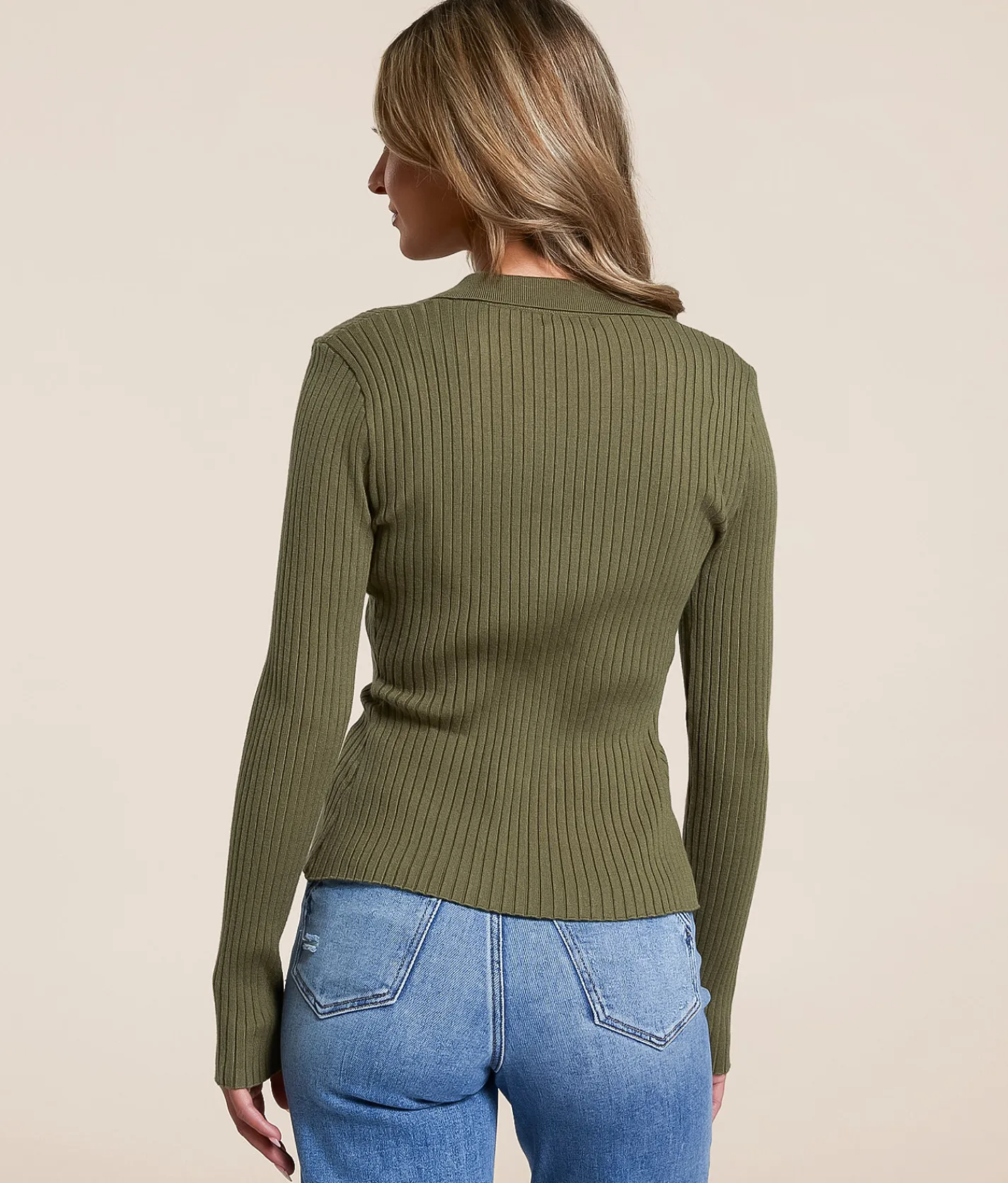 Tops | Blu Pepper Ribbed Knit Collared Shirt Olive