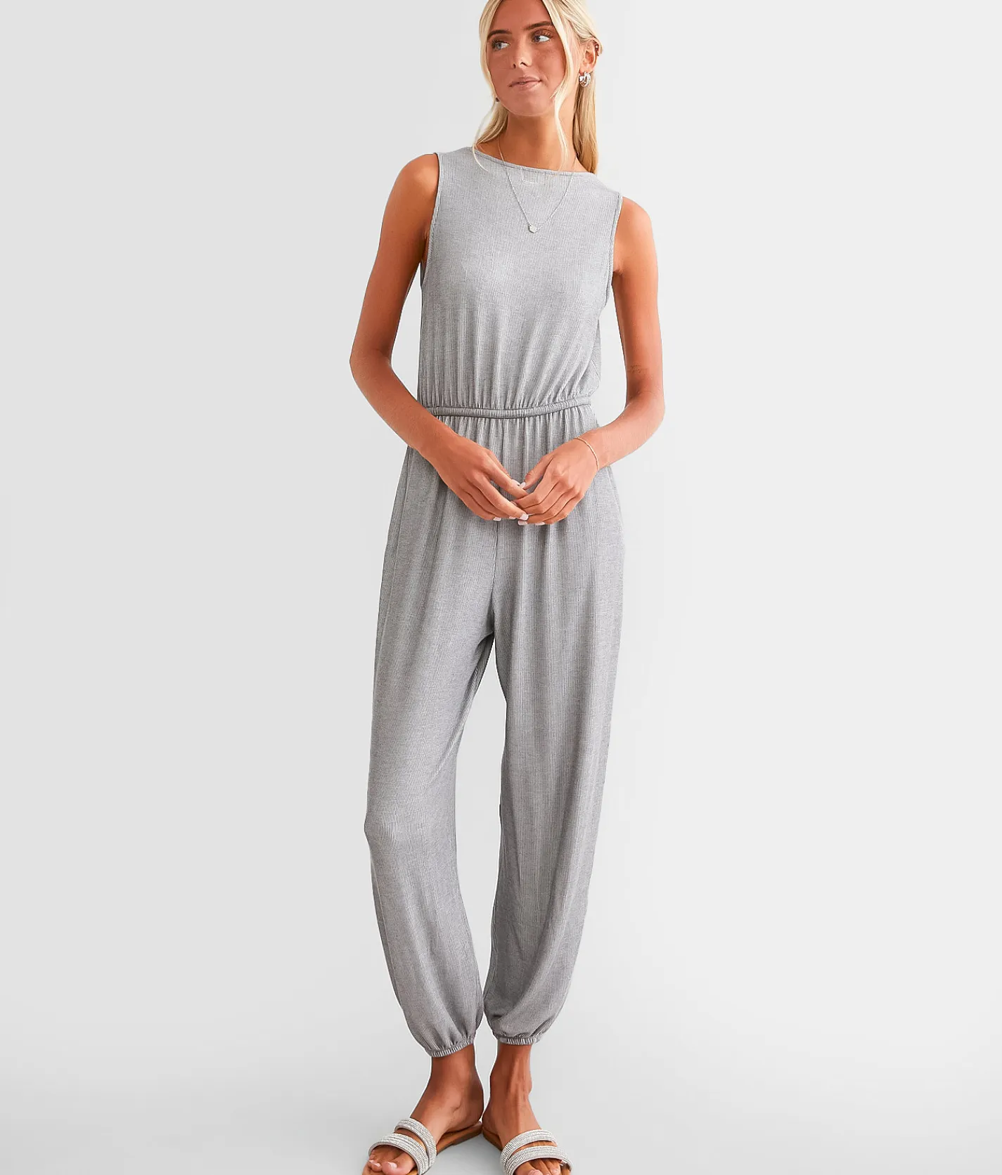 BKE Ribbed Knit Jumpsuit Grey New