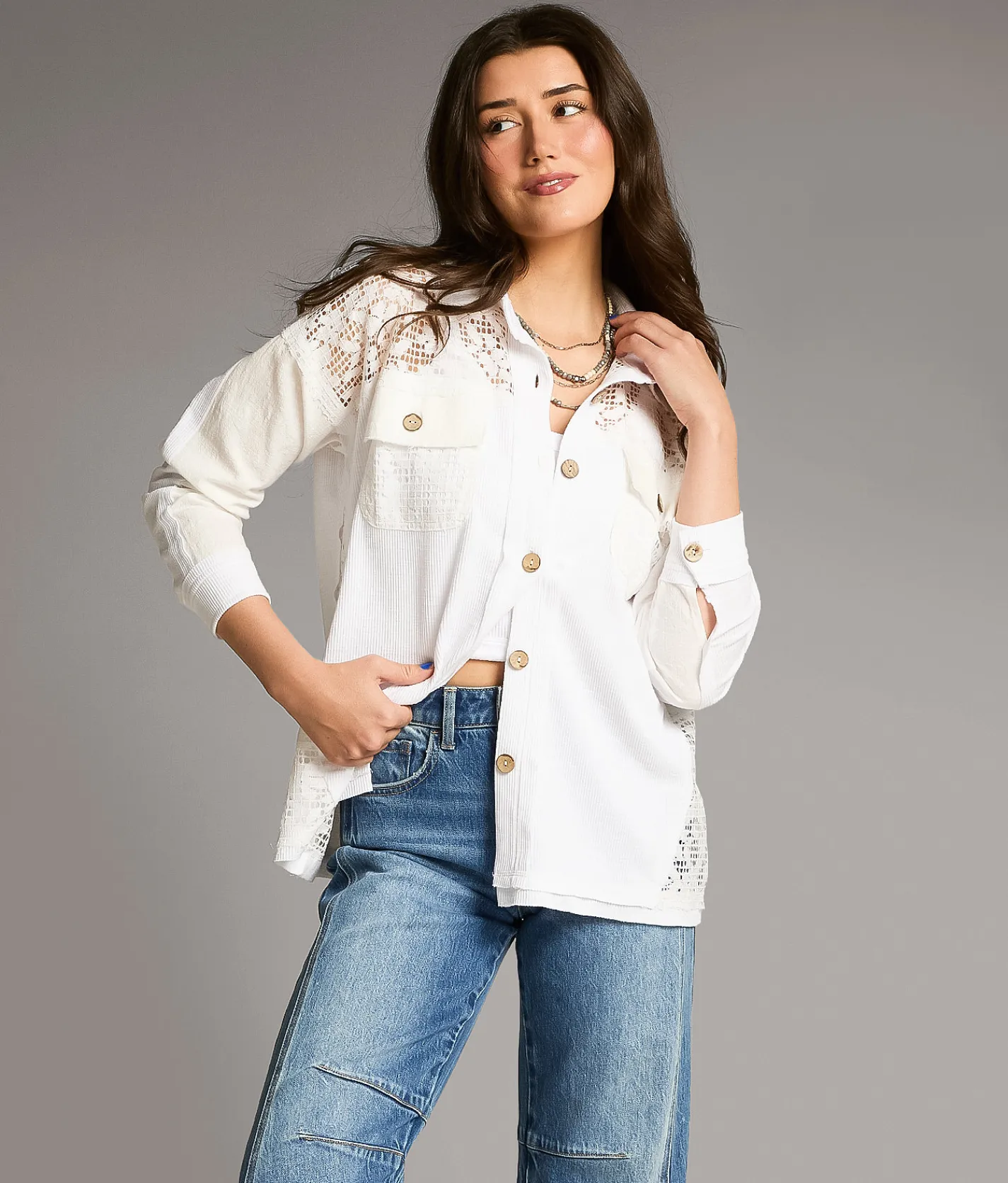 BKE Ribbed Knit Lace Shirt White