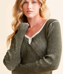 Gilded Intent Ribbed Knit Top Olive Discount