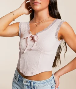 FITZ + EDDI Ribbed Lace Tank Top Ballerina Pink New