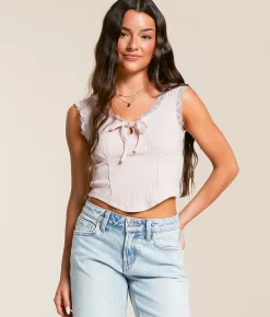 FITZ + EDDI Ribbed Lace Tank Top Ballerina Pink New