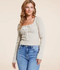 Willow & Root Ribbed Lace-Up Cropped Top Natural Sale