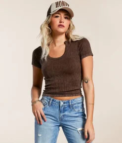 Gilded Intent Ribbed Notch Neck Top Coffee Bean Discount