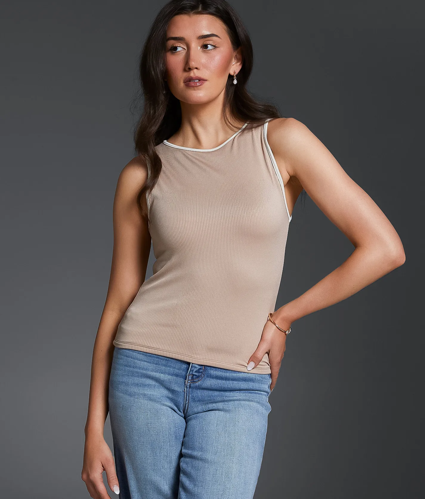 Buckle Black Ribbed Shaping & Smoothing Tank Top Camel Sale