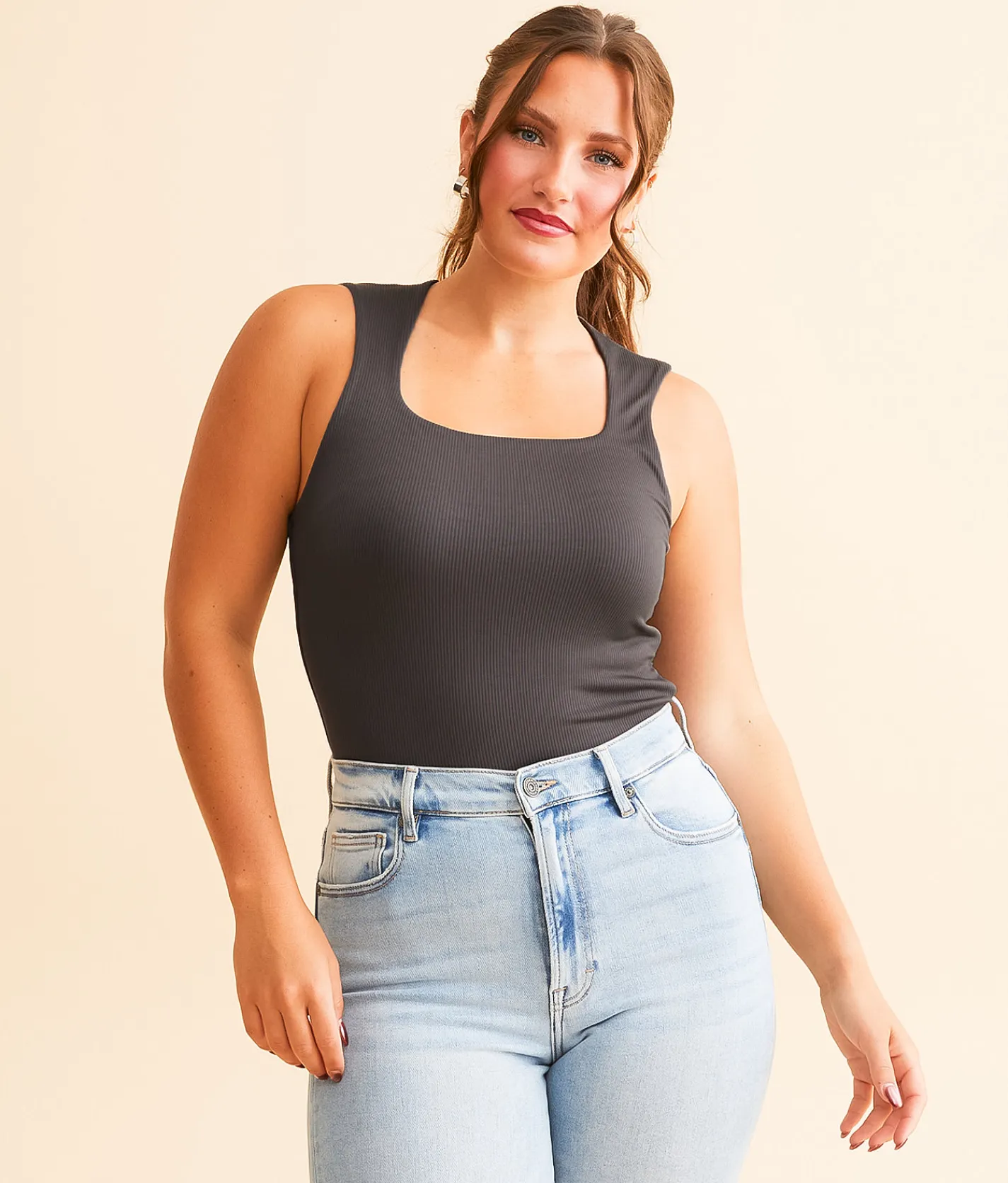 Buckle Black Ribbed Shaping & Smoothing Capped Tank Top Dark Grey