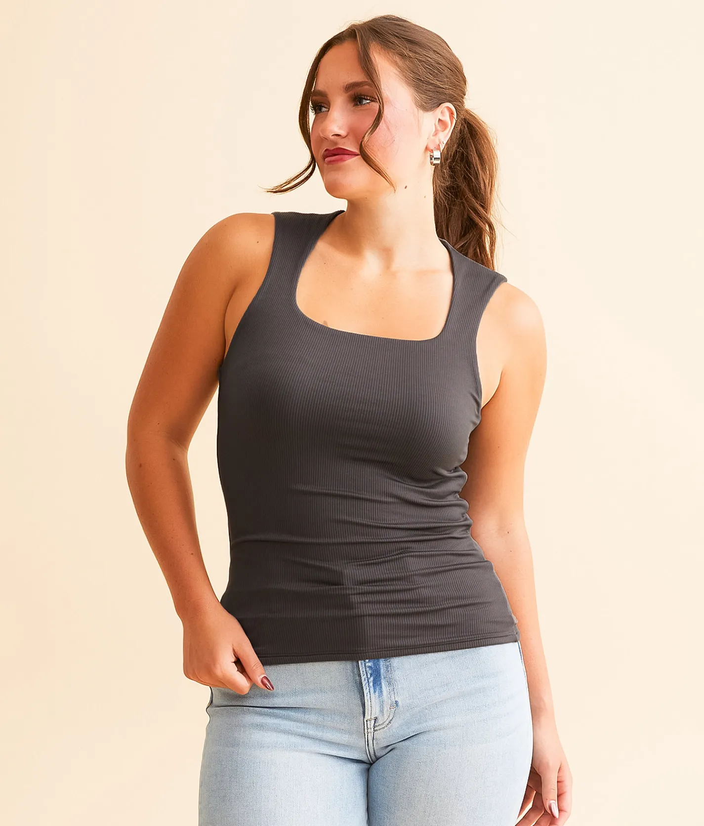 Buckle Black Ribbed Shaping & Smoothing Capped Tank Top Dark Grey