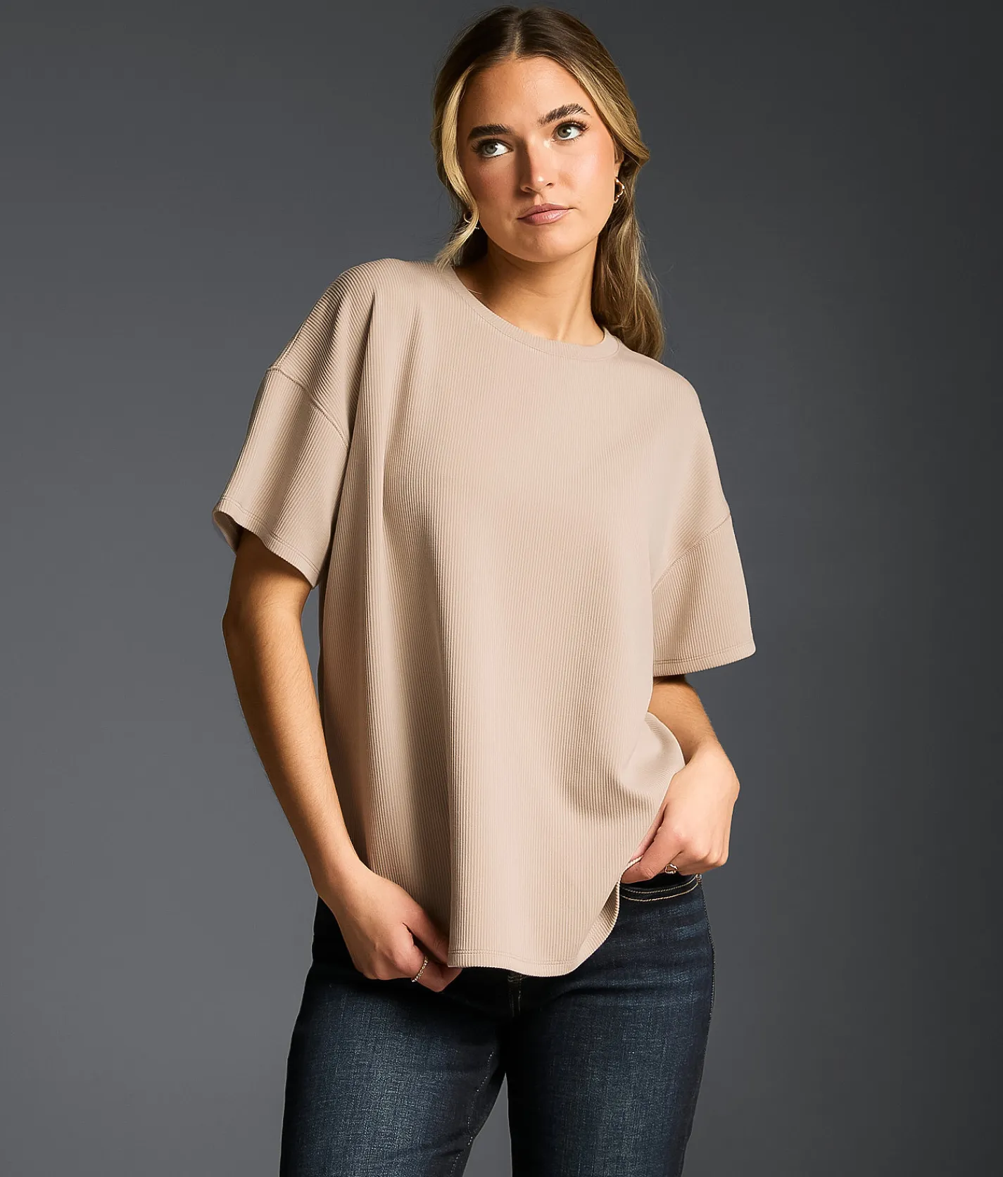 Buckle Black Ribbed Top Taupe Clearance