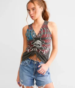 Affliction Ring Of Fire Cinch Tie Tank Top Dk Charcoal Pigment Dye Hot