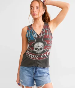 Affliction Ring Of Fire Cinch Tie Tank Top Dk Charcoal Pigment Dye Hot