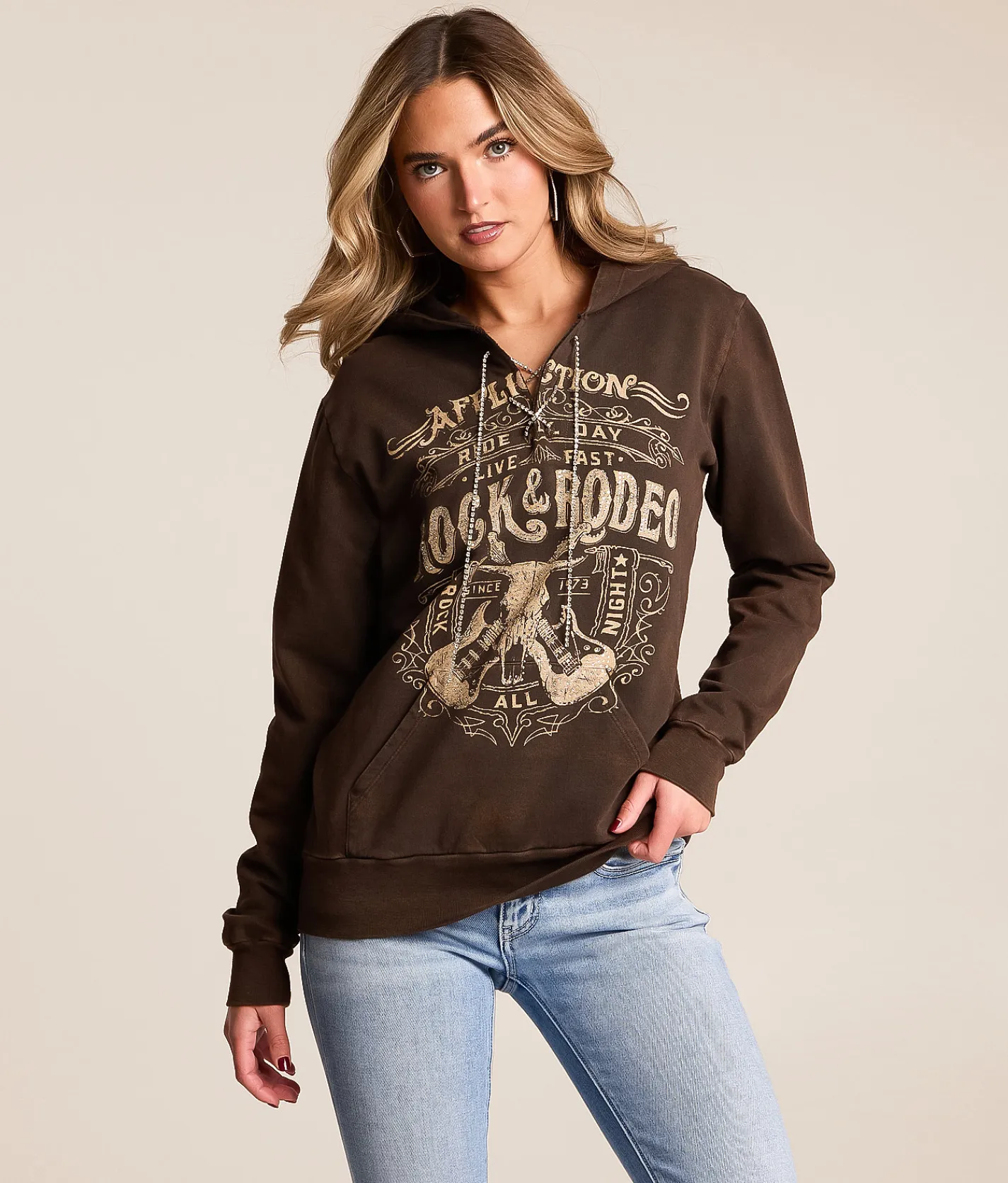 Tops | Affliction Rock & Rodeo Rhinestone Lace-Up Hoodie Chocolate Brown Lava Wash