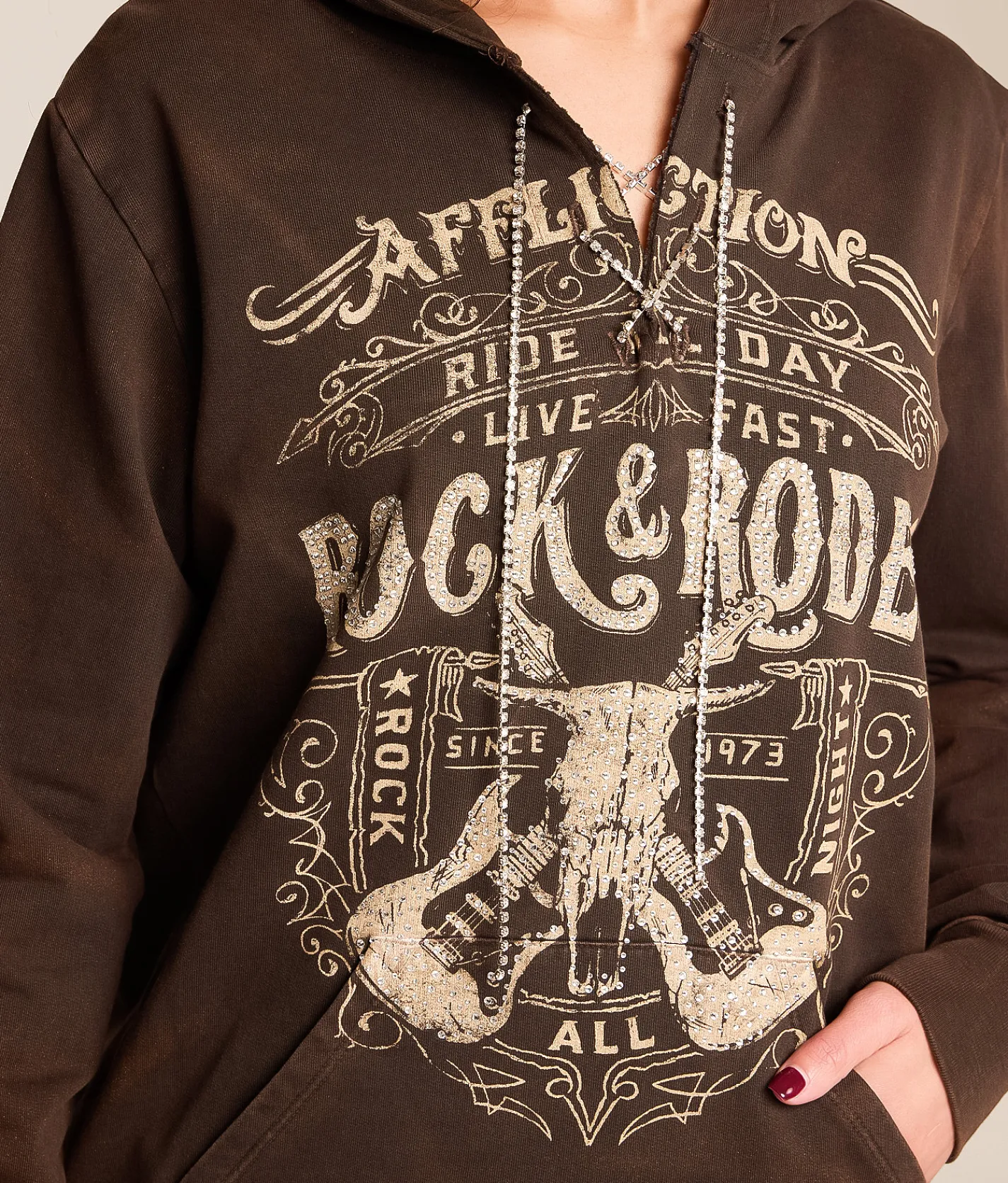 Tops | Affliction Rock & Rodeo Rhinestone Lace-Up Hoodie Chocolate Brown Lava Wash