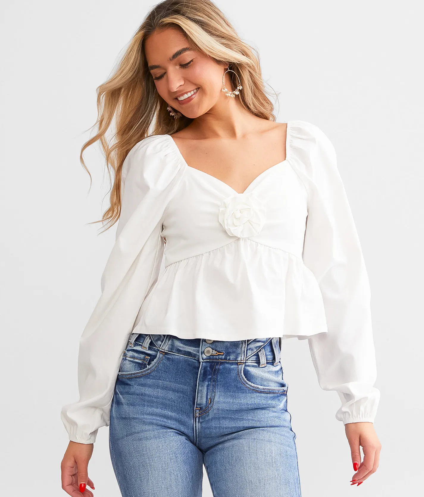 Blue Blush Rosette Cropped Peplum Top White Hot