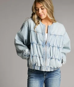BKE Ruched Denim Bomber Jacket Light Wash Hot