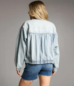 BKE Ruched Denim Bomber Jacket Light Wash Hot