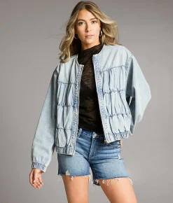 BKE Ruched Denim Bomber Jacket Light Wash Hot